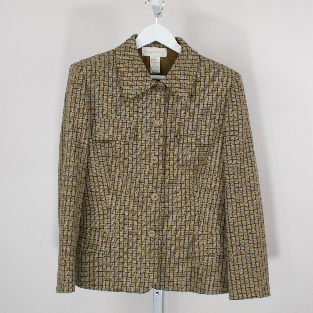 Casual Corner Womens Plaid Blazer Skirt Suit Set Size 14 Brown Blue Wool Blend - Picture 2 of 16
